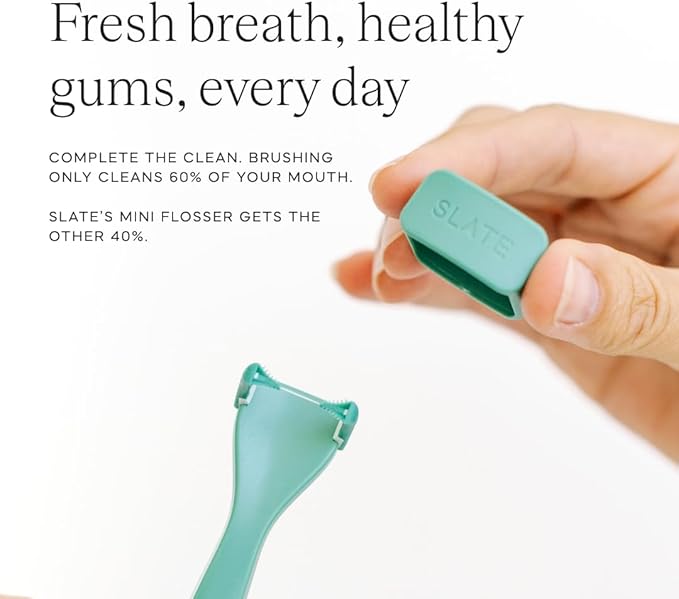 Slate Flosser Mini - Reusable Floss Pick with Gum Brush &amp Tongue Scraper Dentist-Invented PFAS/PTFE-Free Travel-Ready | Lilac &amp Mint Nano-Hydroxyapatite (nHa) Mini Flosser 2-Pack