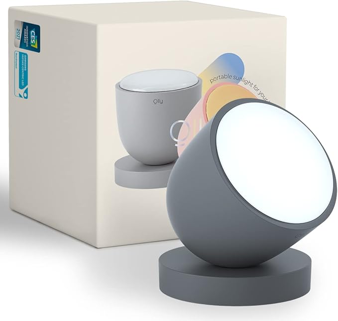 Olly Light Therapy Lamp - UV-Free LED Sunlight Lamp with 140g Compact Size Rechargeable 2step Brightness Mode 25minutes Automatic Timer - Daily Sunlight to Sleep Well (Solid Gray)