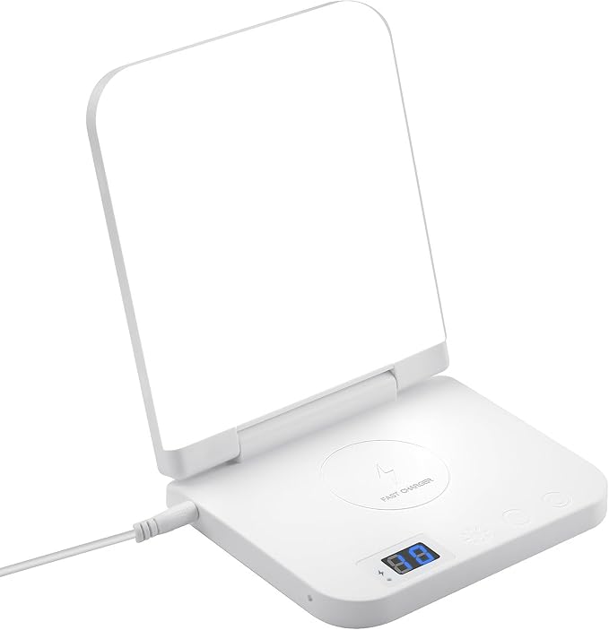 Light Therapy Lamp with Wireless Phone Charger Pad 2 in 1 10000 Lux Bright White UV-Free LED Anti-Glare 5 Adjustable Brightness Sunlight Lamp with Timer Energy Booster