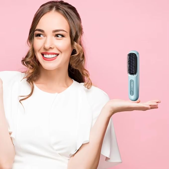 Cordless Hair Straightener Brush Portable Mini Hair Straightening Brush with 3 Temperature Settings &amp LED Display USB Rechargeable Fast Heating Hairs Brush for Travel (White)