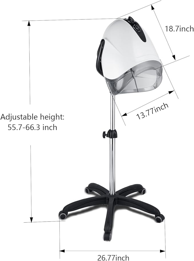 1000W Professional Hooded Hair DryerStanding Blow Hair Dryer with Cap and WheelsTemperature and time are AdjustableSuitable for Salon and Home(White-Stainless Steel Column)