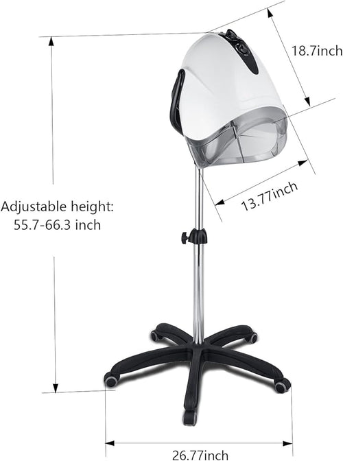 1000W Professional Hooded Hair DryerStanding Blow Hair Dryer with Cap and WheelsTemperature and time are AdjustableSuitable for Salon and Home(White-Stainless Steel Column)
