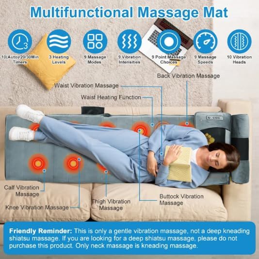 Full Body Electric Massage Mat with Heat Vibration Pad Cushion Back Massager with Neck Pillow 10 Motors 3 Timers Anti-Slip