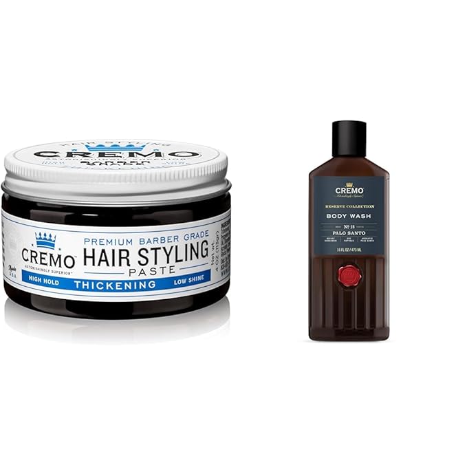 Cremo Barber Grade Hair Styling Thickening Paste and Palo Santo Body Wash Bundle 4 Oz and 16 Fl Oz