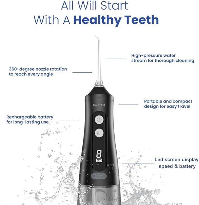 OraTECH Water Dental Flosser Portable Cordless Oral Irrigator 350ML Rechargeable Travel IPX7 Waterproof Electric Flossing for Teeth Cleaning (Black)