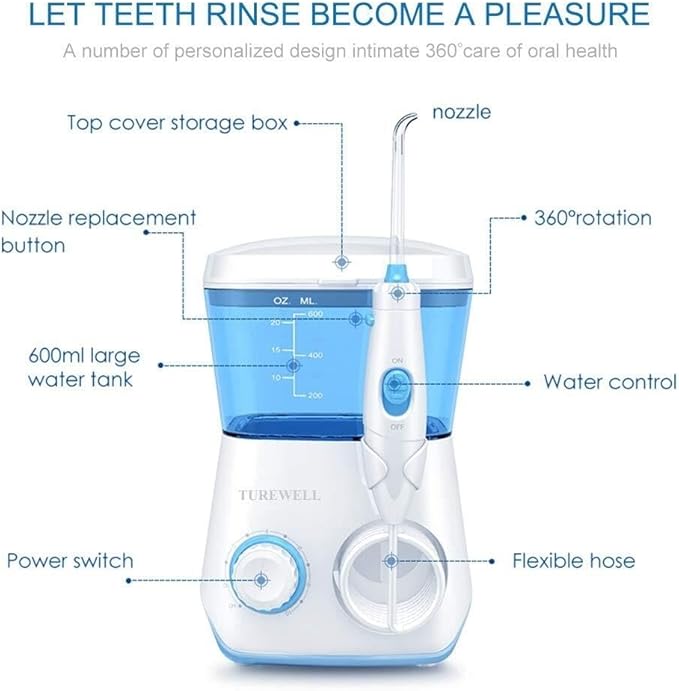 Water Flosser Oral Irrigator 600ML Teeth Cleaner 10 Adjustable Pressure Levels Electric for Teeth/Braces 8 Replacement Nozzles Suitable for Home Use(White)