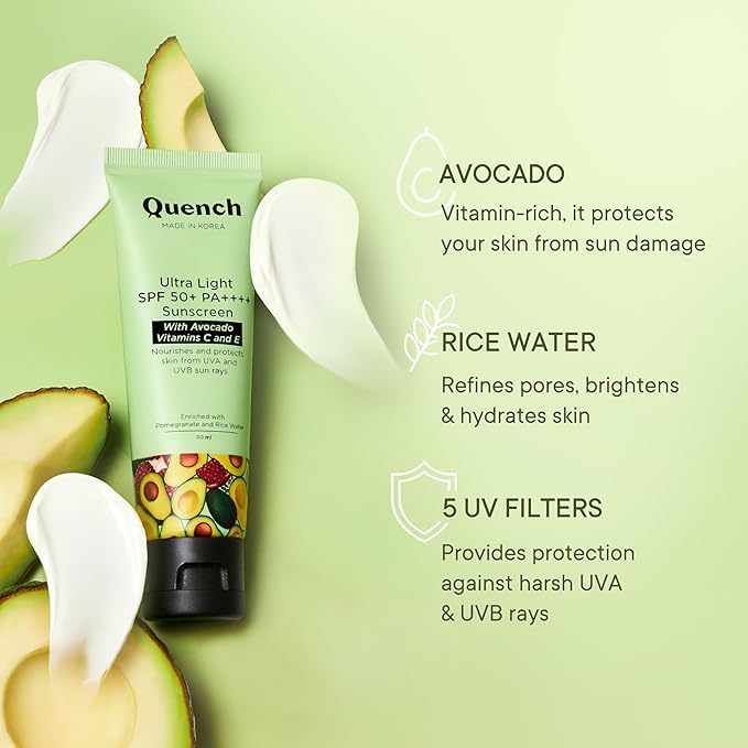 Queench Bravocado SPF 50+ PA++++ Korean Sunscreen Gel | UV Protection with Avocado Oil &amp Vitamin E | Lightweight Non-Sticky Hydrating | Broad Spectrum UVA UVB | For All Skin Types | 50ml