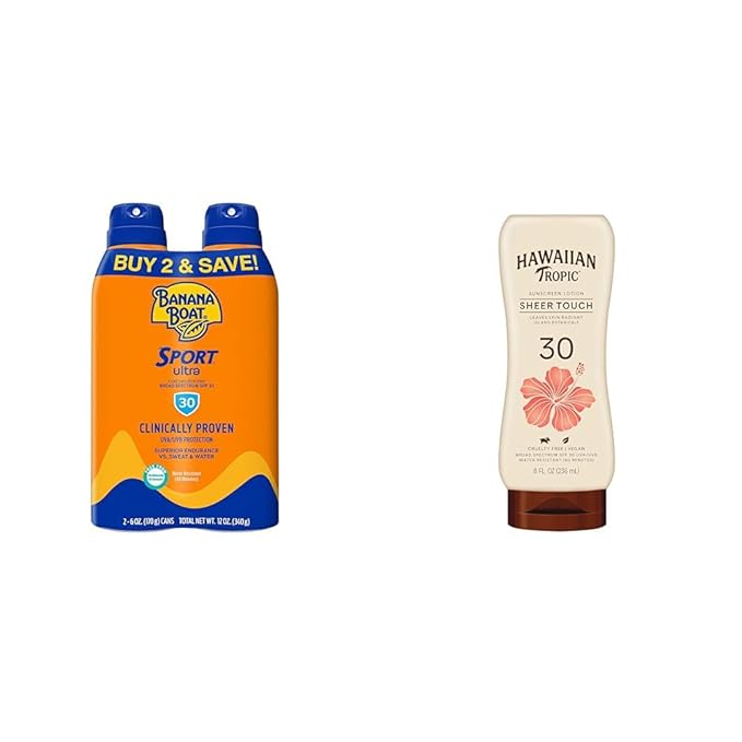 Banana Boat Sport Ultra SPF 30 Sunscreen Spray | SPF 30 Spray On Sunscreen &amp Hawaiian Tropic Sheer Touch Lotion SPF 30 | Broad Spectrum Sunscreen 8oz