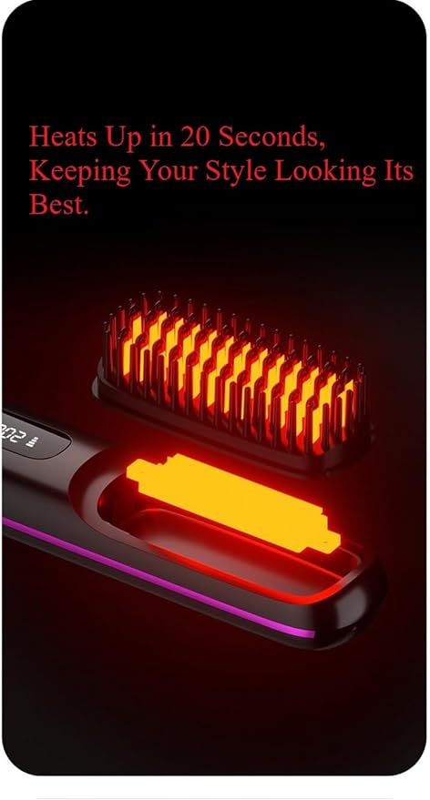 .Portable Cordless Hair Straightening Brush Mini Travel Size Ceramic Coating Anti-Scald Design Black Blue White and Pink (Black)