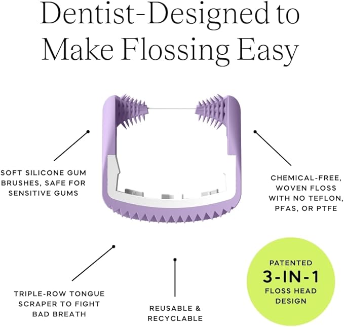 Slate Flosser Refills - Reusable Woven Floss PFAS-Free Non-Toxic Dental Floss | Fits Slate Electric Flosser w/Tongue Scraper &amp Gum Sweeps | 20-Pk Lilac Smooth Floss Heads