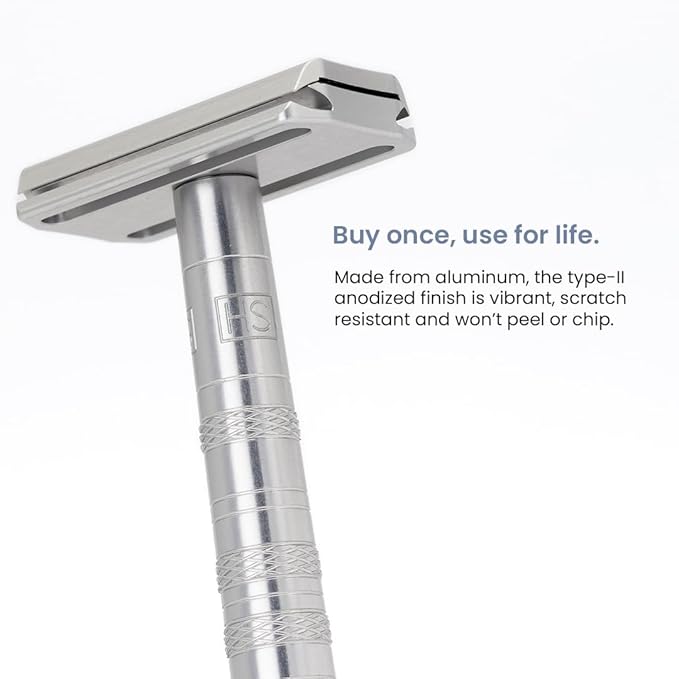 Henson Shaving Razor - Steel Blue Double Edge Safety Razor with 5 Spare Blades - 30° Angled Precision With Superior Blade Rigidity- Reusable Single Blade Razors For Men and Women - Mild Aggression