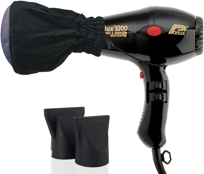 Parlux 3200 Compact Ceramic &amp Ionic Black Hair Dryer + M Hair Designs Mesh Diffuser (Bundle) – Fast-Drying Frizz-Control Professional Blow Dryer for Smooth Styling