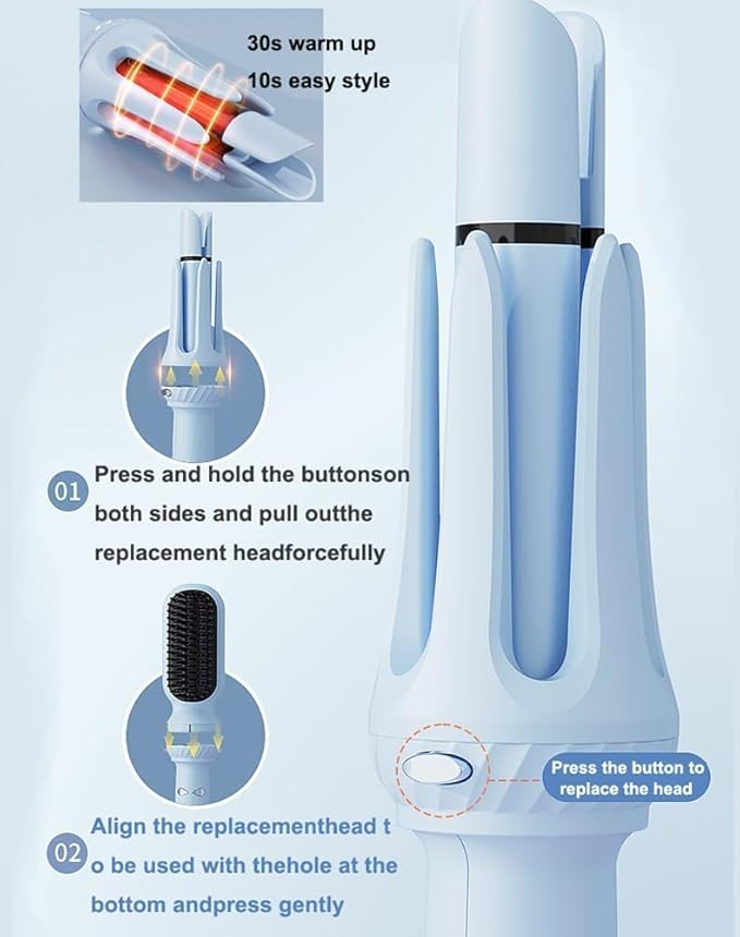 3-in-1 Automatic Curling Iron Multifunctional with 1 1.26 Interchangeable Barrel Salon Curls Waves Hair Straightener Brush for All Hair Lengths (Blue)