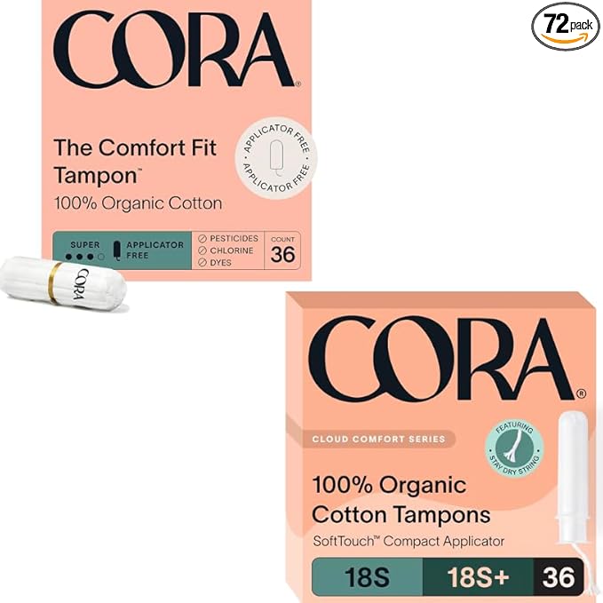 Cora Organic Cotton Tampons | Non-Applicator Ultra-Absorbent S/S+ &amp Applicator Multipack (18 Super &amp 18 Super Plus Absorbency) | Eco-Conscious | 72 Total Tampons