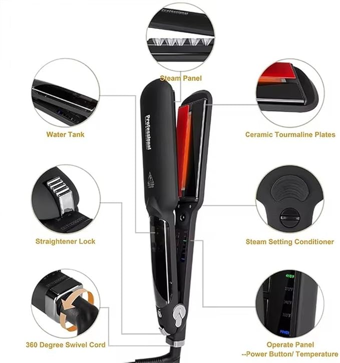 Professional Steam Infrared Hair Straightener Flat Iron 2 inch Wide Tourmaline Ceramic Plate Fast Vapor Instant Heat Up with Adjustable Temperature Dual Voltage Black