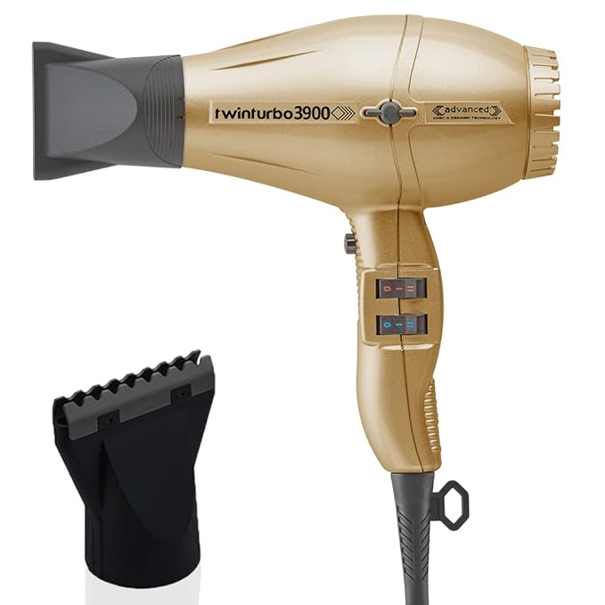 Turbo Power Twin Turbo 3900 Advanced Ionic &amp Ceramic Eco Friendly Gold Hair Dryer + M Hair Designs Hot Blow Attachment (Bundle) – Fast-Drying Frizz-Control Professional Hair Styling