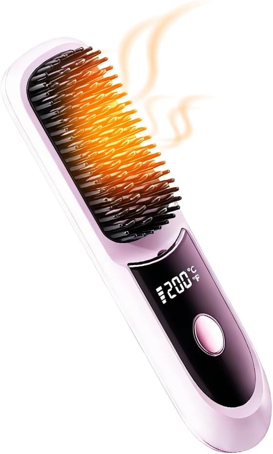 Portable Mini Hair Straightening Brush with Led Display Cordless Hair Straightener Brush Fast Heating Cordless Mini Hair Brushs for Women Short Long Hair (Pink)