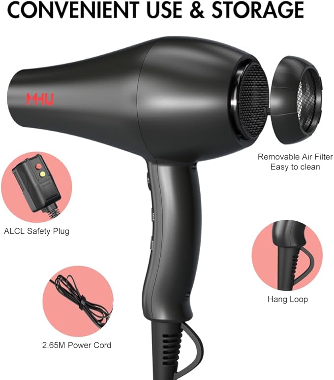 1875W Far Infrared Hair Dryer | Powerful AC Motor Blow Dryer Fast Drying | 2 Speed 3 Heat with Cool Shot | ETL Certified with ALCI Safety Plug | Concentrator &amp Diffuser &amp Comb | 2.65M Long Cor