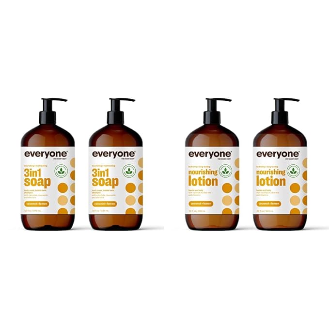 Everyone 3-in-1 Soap Body Wash Bubble Bath Shampoo (32 Ounce) and Hand and Body Lotion (32 Ounce) Bundle - Coconut and Lemon