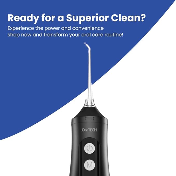 OraTECH Water Dental Flosser Portable Cordless Oral Irrigator 350ML Rechargeable Travel IPX7 Waterproof Electric Flossing for Teeth Cleaning (Black)