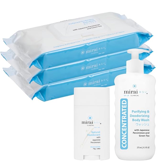Mirai Clinical Ultimate Freshness Bundle - Wipes Deo Stick &amp Body Wash (3 packs 75g 9.29 Fl oz) - Nonenal Body Odor Eliminator with Natural Persimmon &amp Green Tea Extracts for Women &amp Me