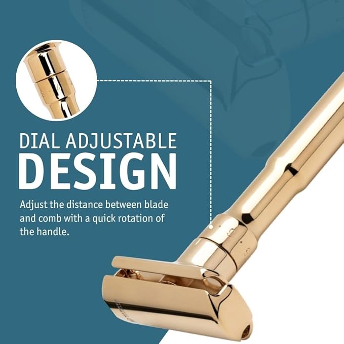 MERKUR FUTUR 702 Adjustable Double Edge Safety Razor - Bright Gold Adjustable Razor With Dial Made in Germany Plastic-Free Snap-On Cap Design Straight Bar