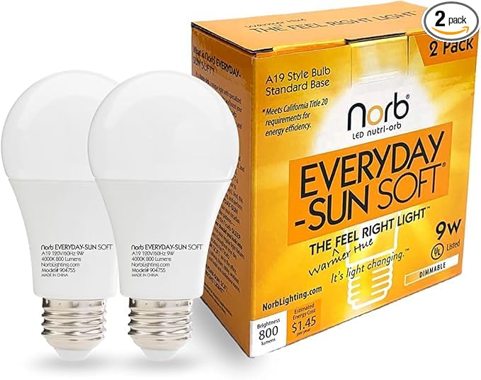 Norb Everyday Sun Soft Full Spectrum Wellness Light Bulb 2-Pack – Natural Daylight LED Sunlight-Mimicking Technology for Energy &amp Mood 9W 4000K A19 Supports Sleep/Wake Cycles