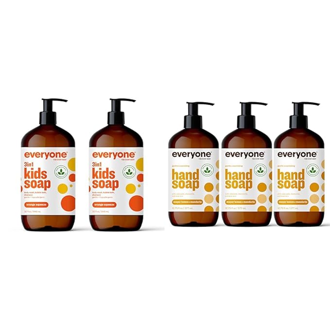 Everyone 3-in-1 Kids Soap Body Wash Bubble Bath Shampoo 32 Ounce (Pack of 2) &amp Liquid Hand Soap 12.75 Ounce (Pack of 3) Meyer Lemon and Mandarin Plant-Based Cleanser with Pure Essential Oil