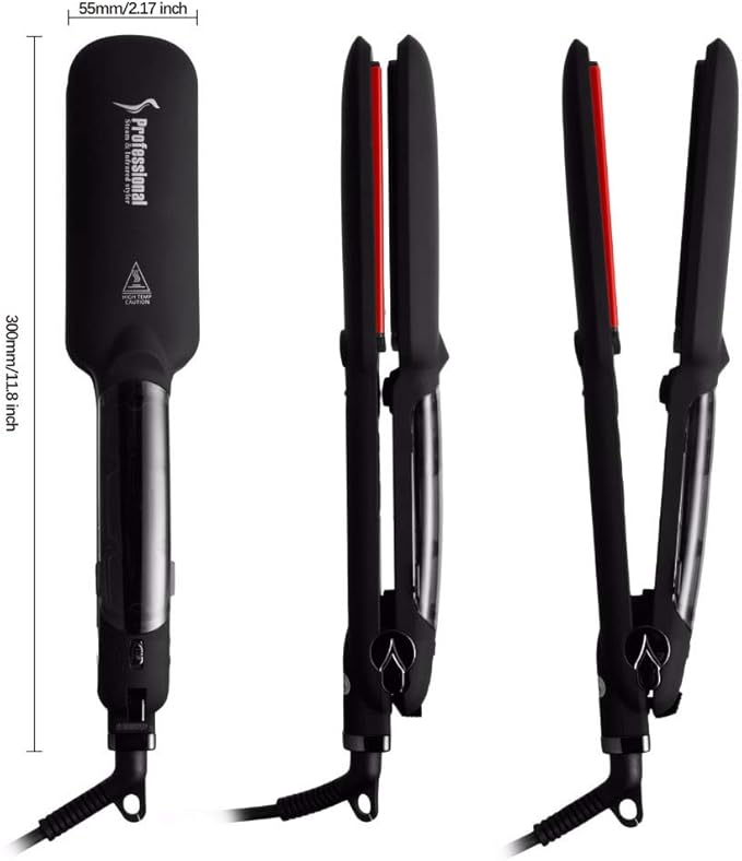 Professional Infrared Steam Hair Straightener 2 inch Tourmaline Ceramic Flat Iron Vapor Instant Heat Up with Adjustable Temperature Dual Voltage (Black)
