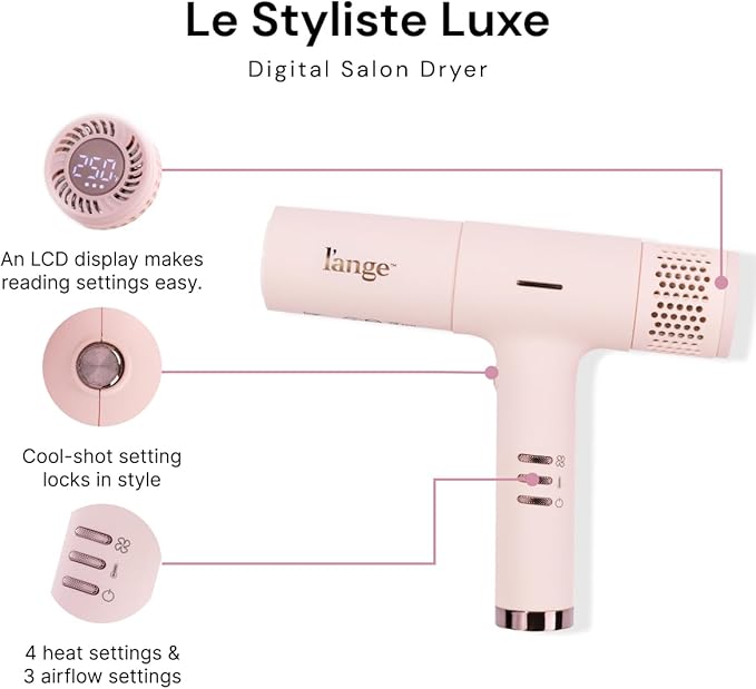 L'ANGE HAIR Le Styliste Luxe Digital Luxury Hair Dryer | Quiet Brushless Blow Dryer with Diffuser | Hairdryer with 4 Heat &amp 2 Speed Settings | Ion Technology | Best Hair Dryer for Blowouts (Blush)