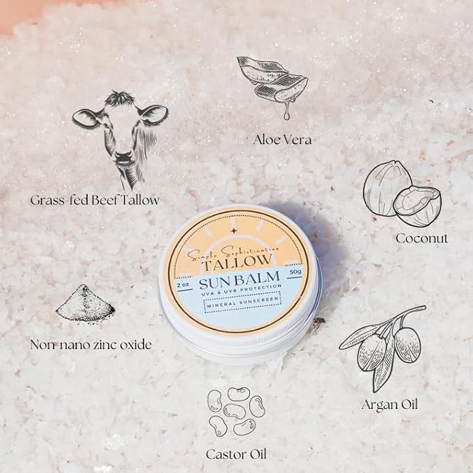 Tallow Sun Balm- with grassfed beef tallow castor oil zinc oxide | Mineral Sunscreen | Natural Organic | Reef Safe Ocean Friendly | Spf 30 - suitable for sensitive skin (2 oz) (Medium)