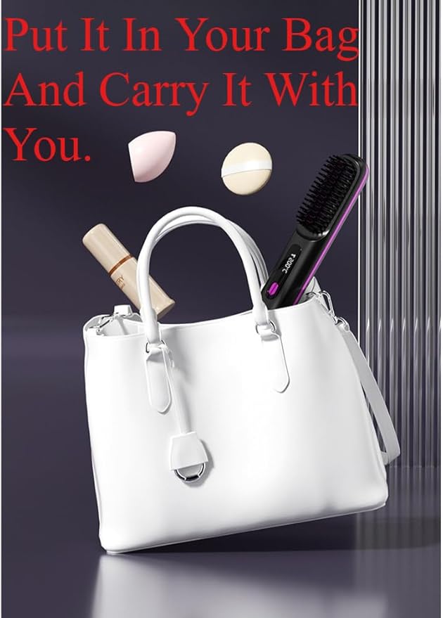 .Portable Cordless Hair Straightening Brush Mini Travel Size Ceramic Coating Anti-Scald Design Black Blue White and Pink (White)