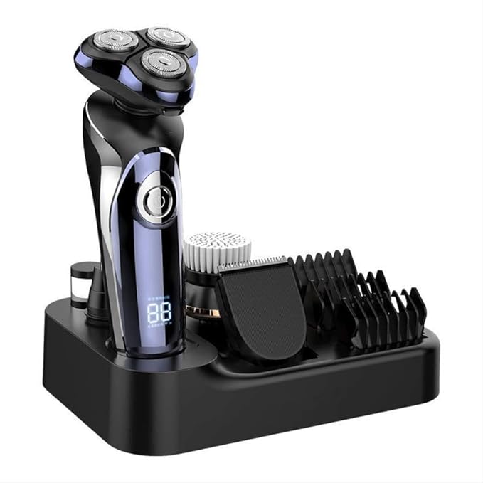 Electric Shavers for Men USB Rechargeable Shaver Waterproof Rotary Electric Shaver Grooming Kit with Hair Clipper Nose Hair Trimmer Facial Brush Dry and Wet Beard Trimme