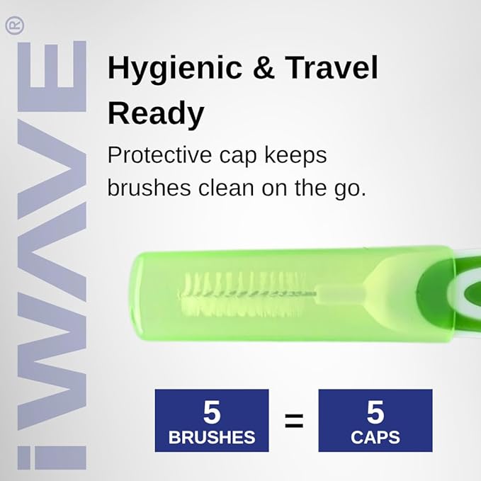 iWave Interdental Brushes Fine Size 0.7 mm Yellow Pack of 5 – Interdental Cleaning Brushes for Total Teeth Cleaning Plaque Removal Tool