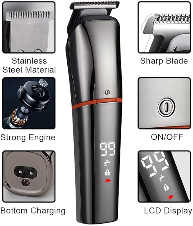 Professional Hair Clippers for Barber Hair Cutting Machine Men Nose Trimmer Electric Shaver 7 in 1 Beard Grooming Rechargeable Low Noise (Silver)