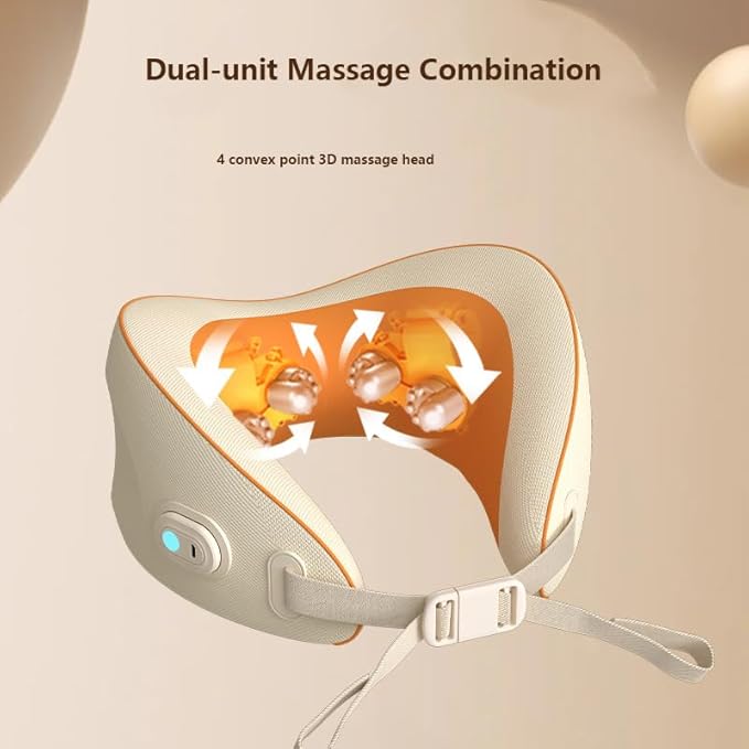 U-Shaped Neck Massager Portable Rechargeable Kneading Massager Pillow 4 Convex Point 3D Massage Head Pain Relief Deep Tissue for Long Flights Car Rides Adjustable Lock and Removable Washable