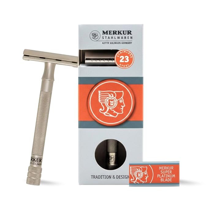 MERKUR 23 INOX Stainless Steel Double Edge Safety Razor Satin Finish Long Knurled Handle Three Piece Closed Comb
