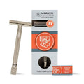 MERKUR 23 INOX Stainless Steel Double Edge Safety Razor Satin Finish Long Knurled Handle Three Piece Closed Comb