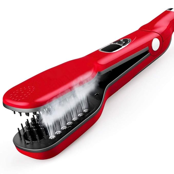 Professional Salon Steam Ceramic Hair Straightener Best 3D Ion Wet Hair Iron Straightening Brush Travel Kit Wide Hair Straightener Comb for All Women Hair Dual Voltag (Red)