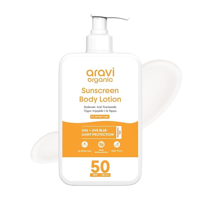 Ara.vi Org.anic Oil-Free Sunscreen Body Lotion SPF 50 PA++++ | Lightweight Quick Absorbing &amp No White Cast | UVA &amp UVB Protection | With Niacinamide Hyaluronic Acid &amp Copper Tripeptide |