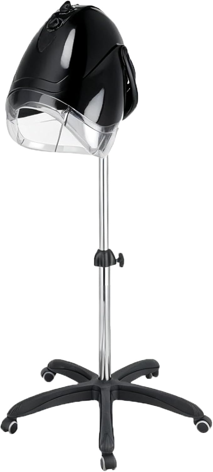 1000W Professional Hooded Hair DryerStanding Blow Hair Dryer with Cap and WheelsTemperature and time are AdjustableSuitable for Salon and Home (Black-Stainless Steel Column)