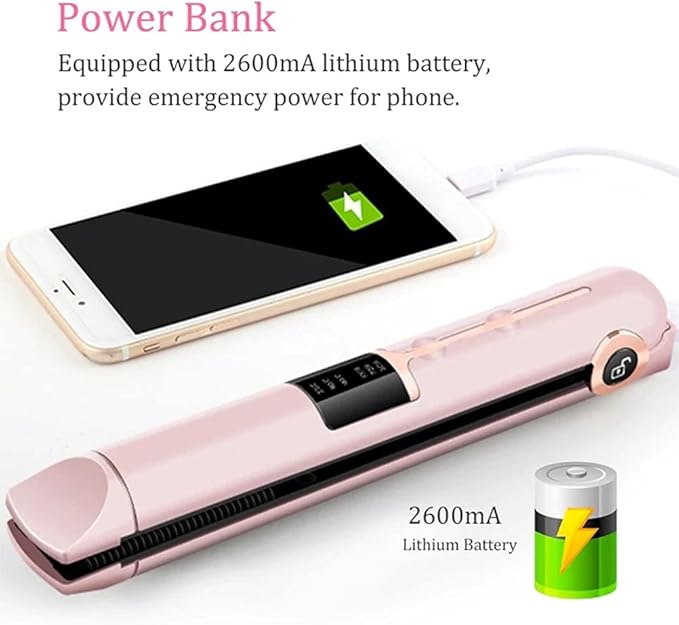 Dioche 2 in 1 Curling Iron and Straightener USB Wireless Hair Straightener and Curler with Floating 3D Heating Panel 3 Adjustable Temperatures LED Display (Pink)