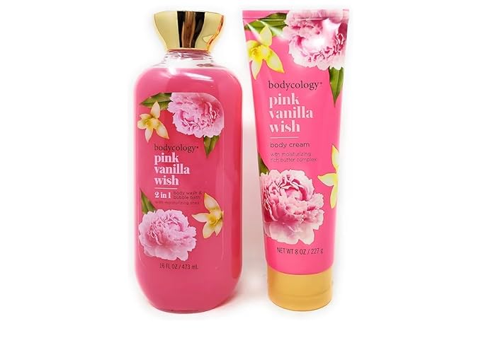 Pink Vanilla Wish 2 in 1 Body Wash &amp Bubble Bath 16 fl oz &amp Pink Vanilla Wish Butter Body Cream 8 oz (Pack of 2)