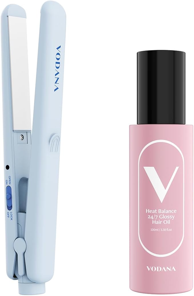 VODANA Professional Hair Irons Bundle Pocket Mini Flat Iron Creamy Blue Heat Balance 24/7 Glossy Hair Oil