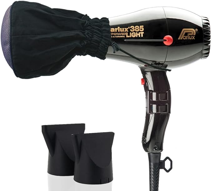 Parlux 385 Black Powerlight Ionic &amp Ceramic Hair Dryer + M Hair Designs Metal Mesh Diffuser (Bundle) – Lightweight Fast-Drying Frizz-Control Blow Dryer for Salon-Quality Styling
