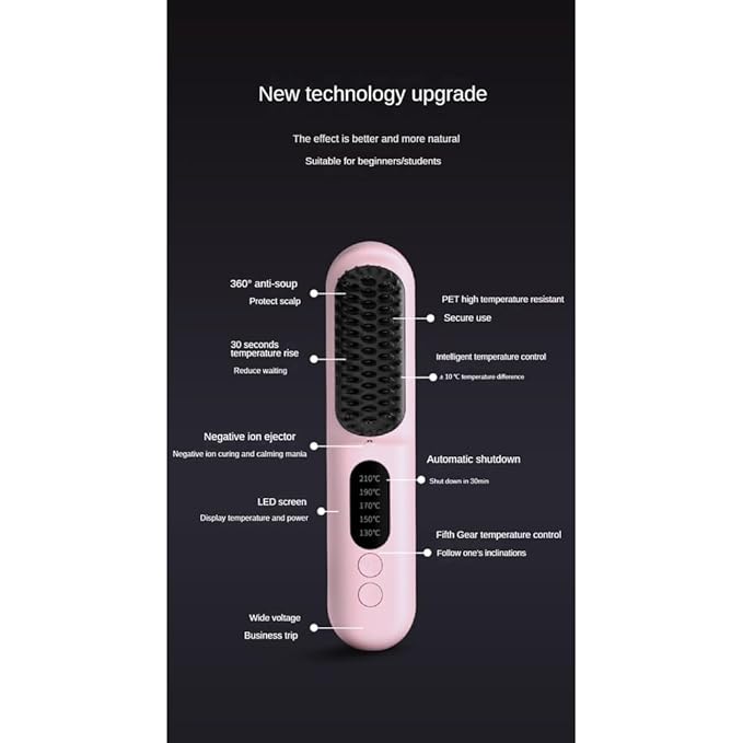 Wireless Hair Straightener Brush Fast Heated Straightener Brush Negative Ions Hair Curler Portable Heating Comb Easy to Use -Pink