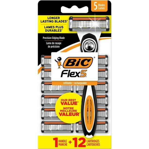 Flex 5 Refillable Razors For Men Long-Lasting 5-Blades 1 Handle And 12 Refills Pivoting Head And Ergonomic Handle With Aloe And Vitamin E