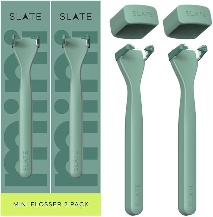 Slate Flosser Mini - Reusable Floss Pick with Gum Brush &amp Tongue Scraper Dentist-Invented PFAS/PTFE-Free Travel-Ready | Mint Nano-Hydroxyapatite (nHa) Mini Flosser 2-Pack