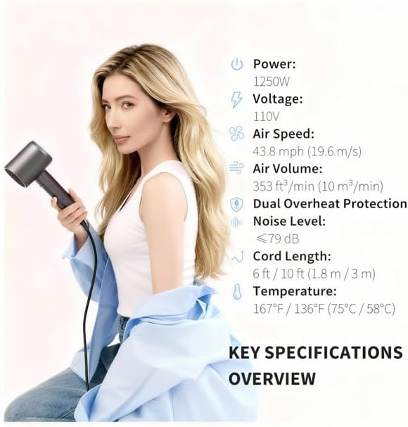 Ionic Hair Dryer 110K RPM 1250W Fast Drying 200M Negative Ion Care Dual Overheat Protection Anti-Static Low Noise 2 Heat &amp 2 Speed Durable PA+Glass Fiber Shell Lightweight Magnetic Nozzle