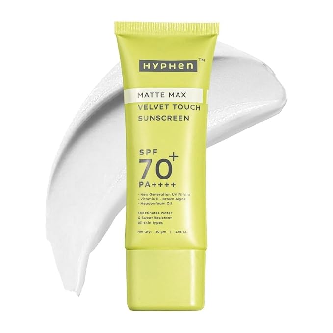 Hy-phe-n Matte Max Velvet Touch Sunscreen SPF 70+ PA++++ | Sun Protection | Sun Shield |Sunscreen SPF No White Cast Non Greasy &amp Lightweight | For Oily Combination &amp All Skin Types-30g